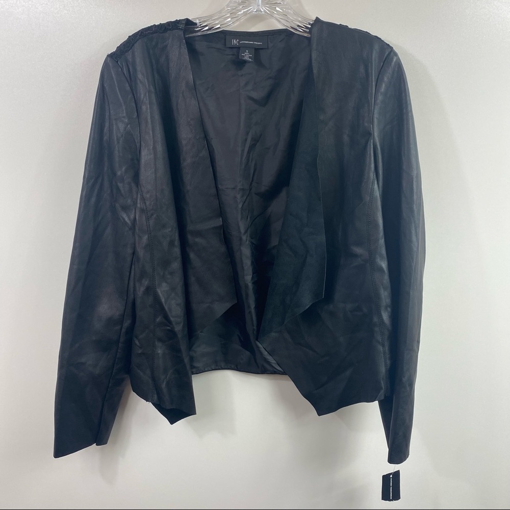 NWT INC M Black Faux Leather Open Front Jacket Faux Lace Back Size Small